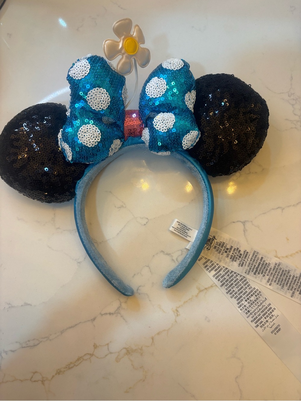 Disney Sequin Minnie Ears Headband with Blue Polka Dot Bow